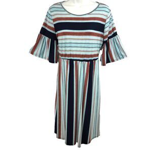 Egs Womens Large Shift Dress Blue Multicolor Striped Elastic Waist L